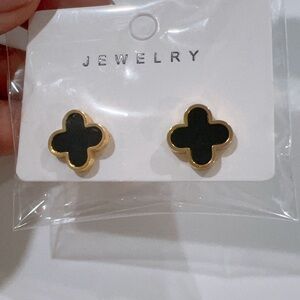 Black & Gold Four-Leaf Stud Earrings - Jewelry